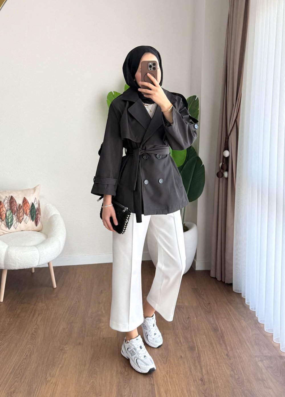 Apoletli Kısa Trenç Siyah