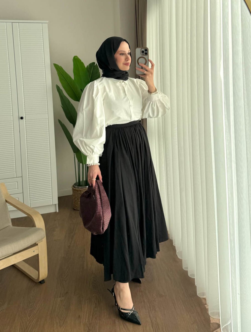 Balon Kol Kısa Gömlek Ekru