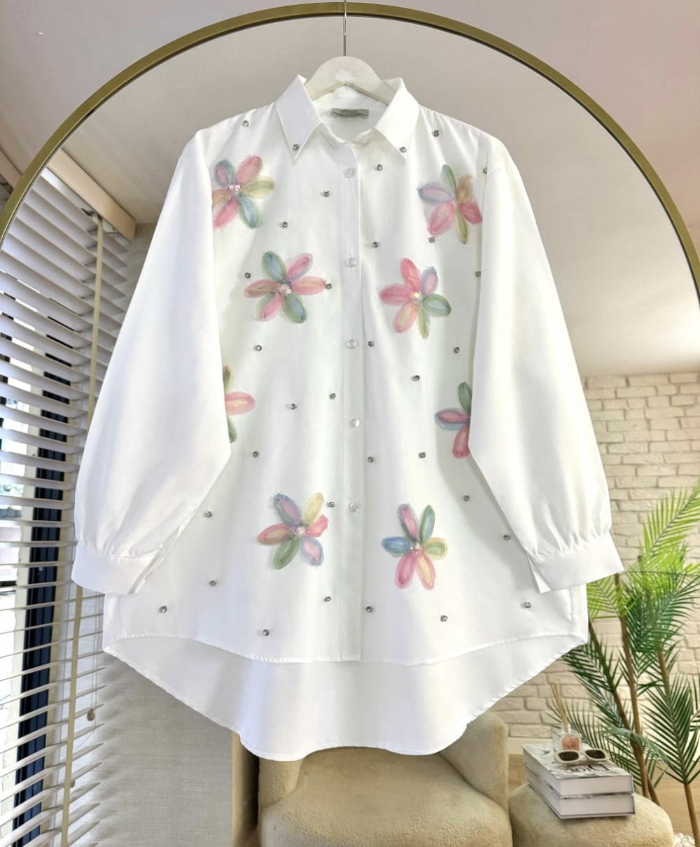 Çiçek Taşlı Gömlek Pembe Beyaz