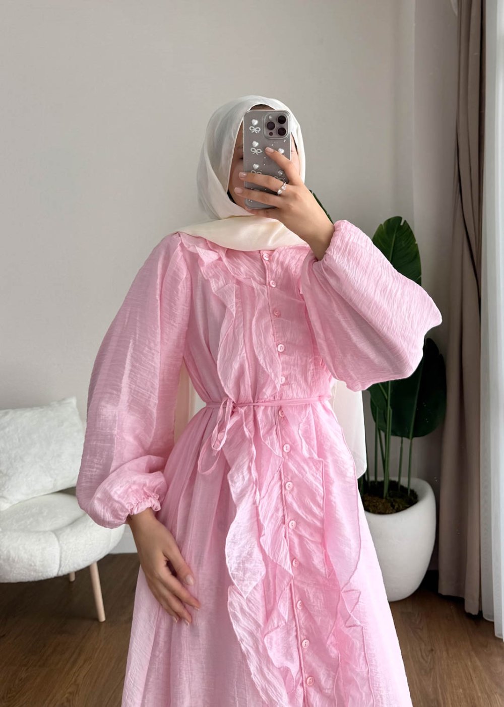 Kumru Fırfırlı Elbise Pembe