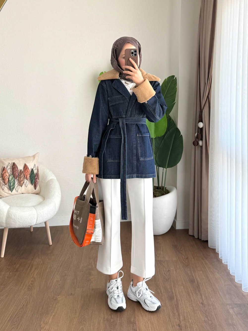 Kürk Detaylı Kot Ceket Lacivert