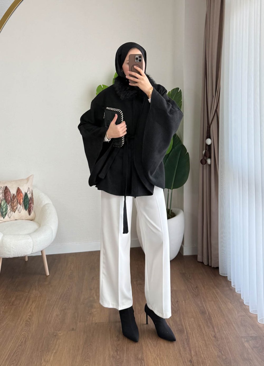 Kürklü Kaşe Panço Siyah