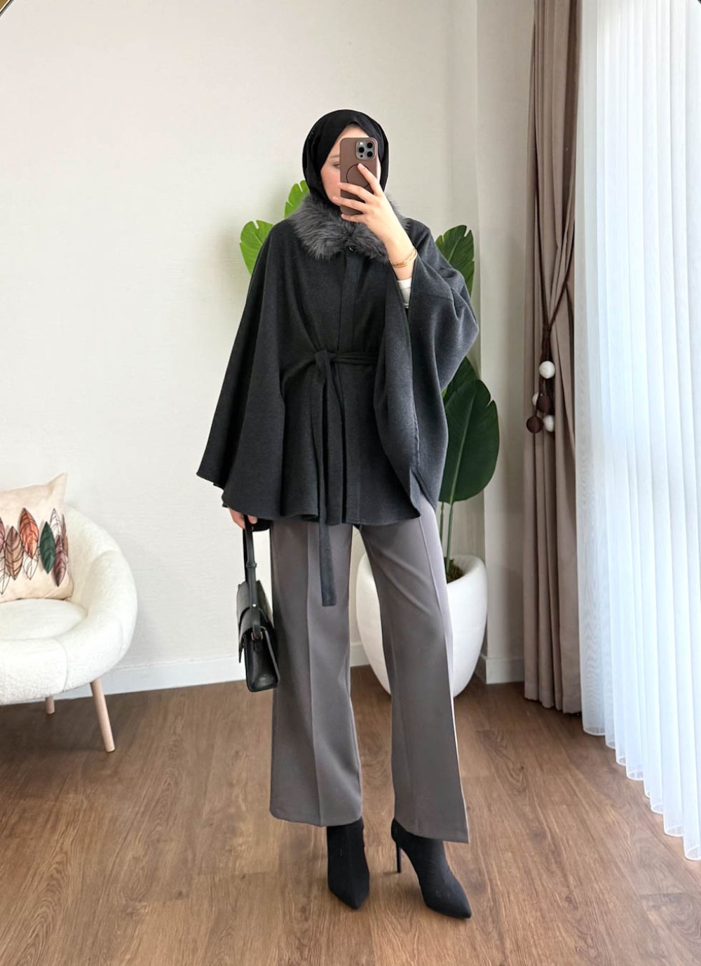 Kürklü Kaşe Panço Antrasit