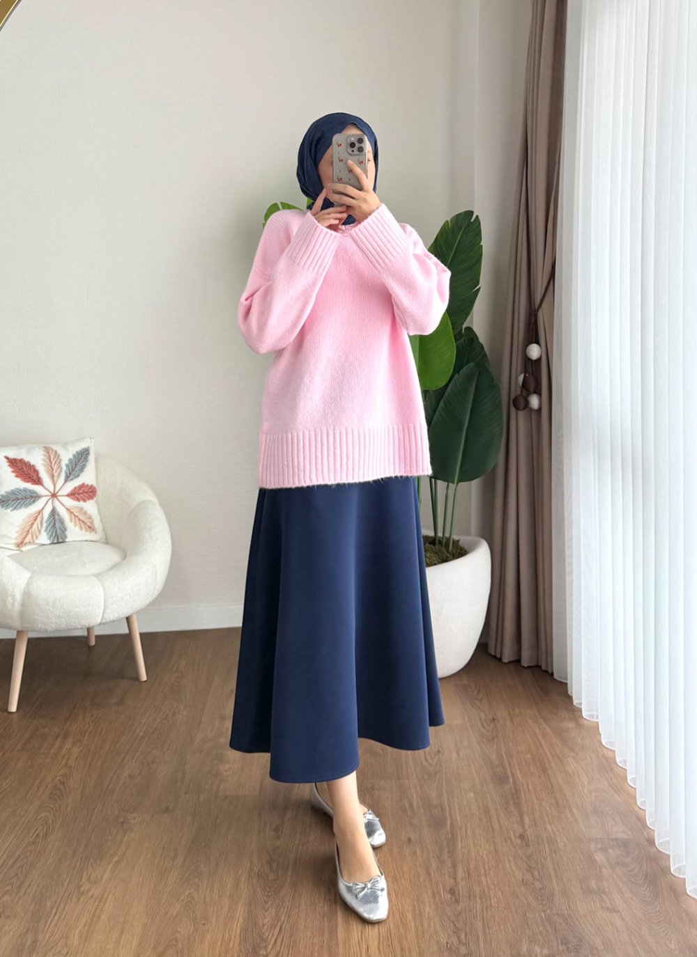 Oversize Bisiklet Yaka Kazak Pembe