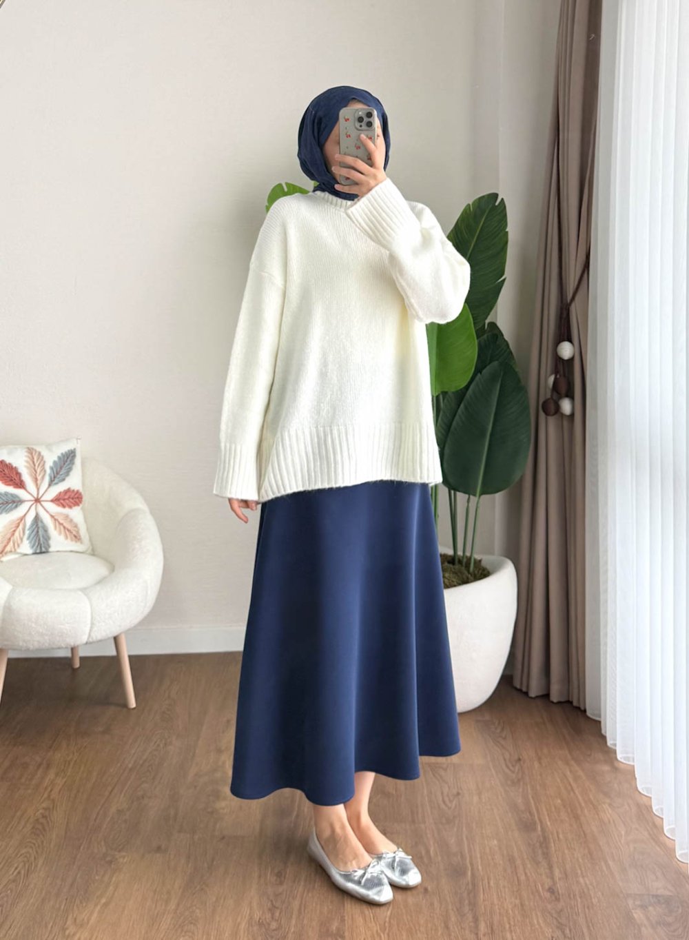 Oversize Bisiklet Yaka Kazak Krem