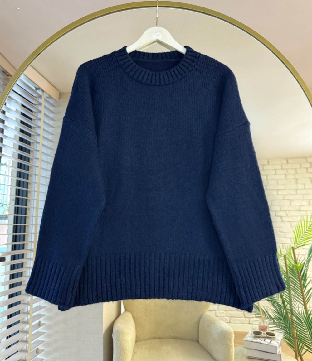 Oversize Bisiklet Yaka Kazak Lacivert