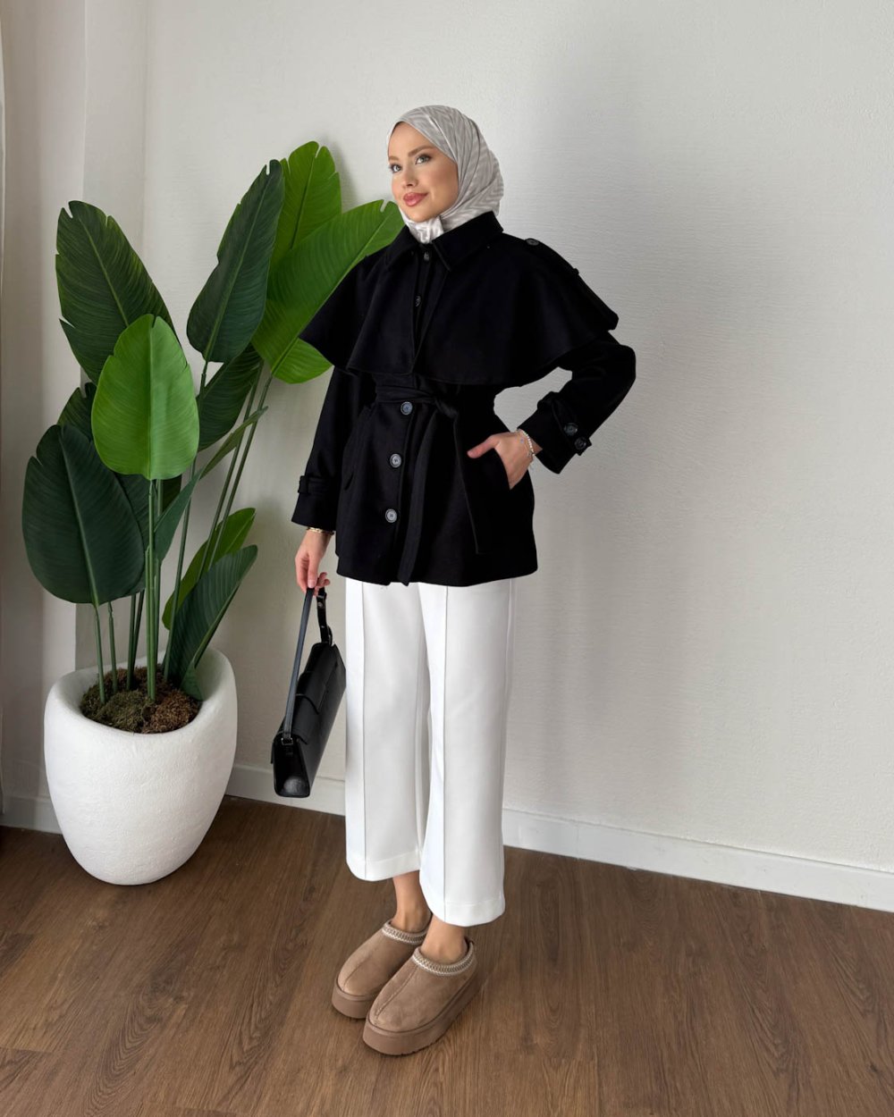 Pelerin Kaşe Kaban Siyah