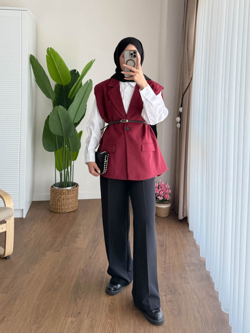 Vatkalı Oversize Yelek Bordo