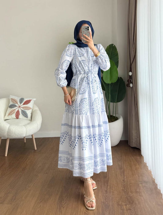 Alaçatı Elbise Mavi Beyaz