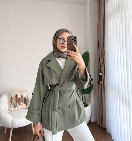 Apoletli Kısa Trenç  Yeşil