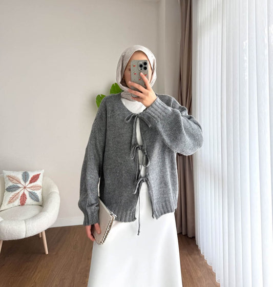 Bağcıklı Laura Hırka  Gri