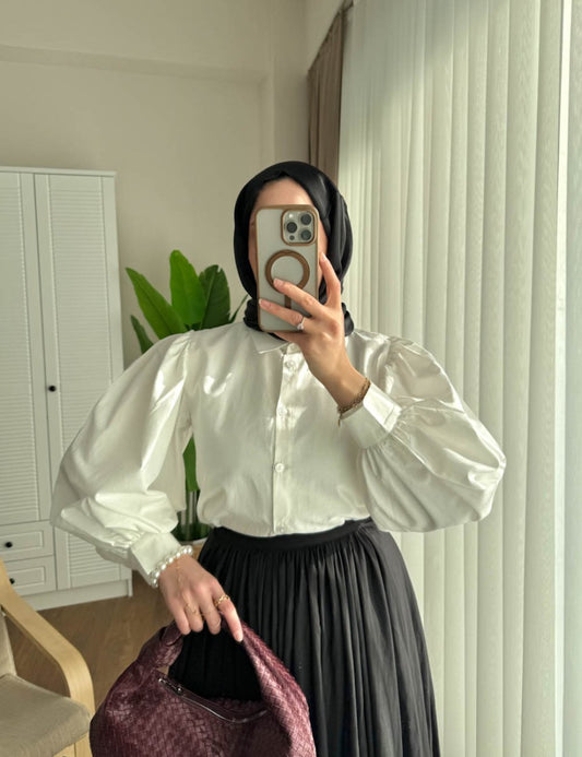 Balon Kol Kısa Gömlek  Ekru