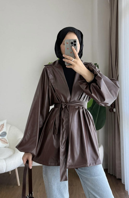 Balon Kol Beli Kuşaklı Deri Trenç  Kahverengi