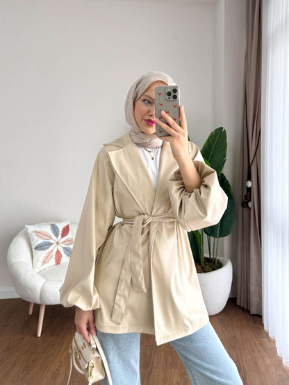 Balon Kol Beli Kuşaklı Deri Trenç  Taş Rengi