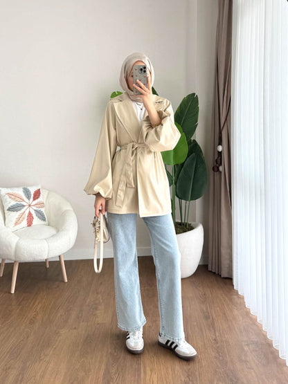 Balon Kol Beli Kuşaklı Deri Trenç  Taş Rengi