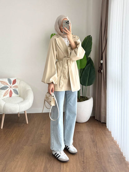 Balon Kol Beli Kuşaklı Deri Trenç  Taş Rengi