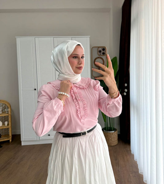 Bebe Yaka Fırfırlı Kısa Gömlek  Pembe