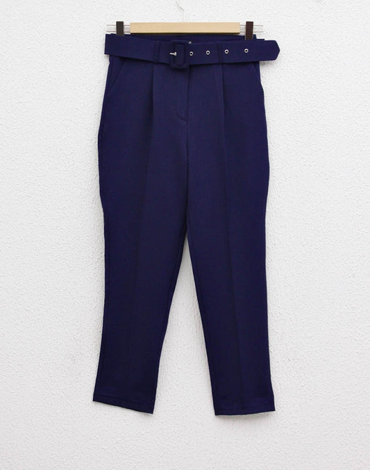 Kemerli Boru Paça Pantolon Lacivert