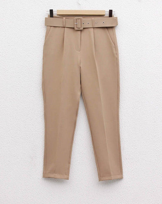 Kemerli Boru Paça Pantolon Bej