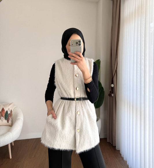 Kemerli Maxmara Yelek Krem