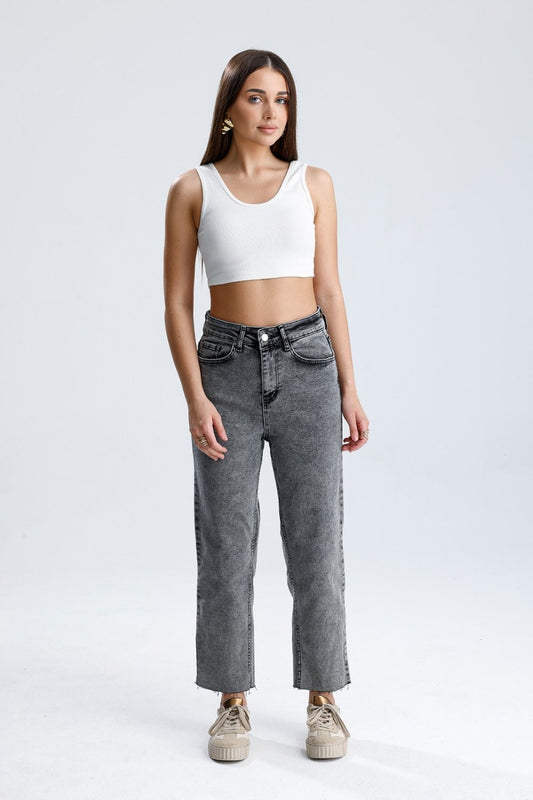 Kesik Paça Likralı Jean Gri