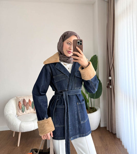 Kürk Detaylı Kot Ceket Lacivert