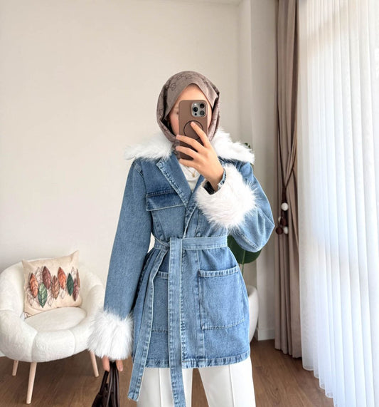 Kürk Detaylı Kot Ceket Açık Mavi