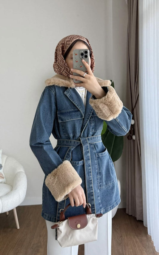 Kürk Detaylı Kot Ceket Mavi