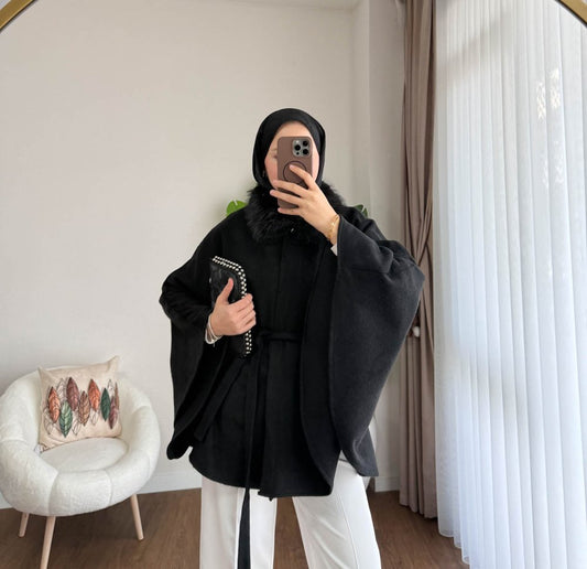 Kürklü Kaşe Panço Siyah