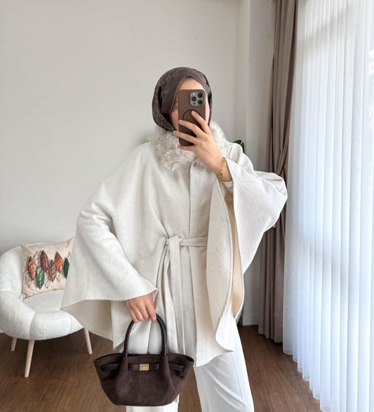 Kürklü Kaşe Panço Krem