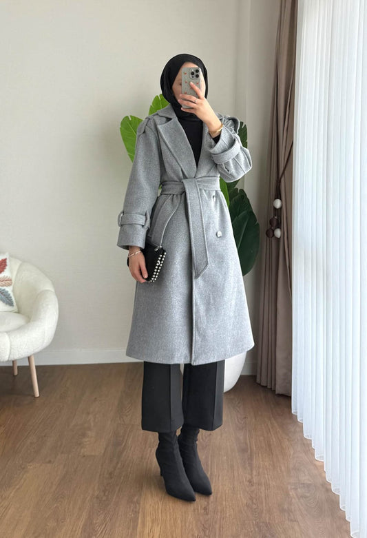 Omuz Apoletli Kaşe Kaban Gri