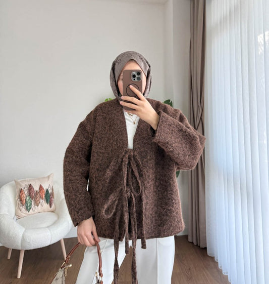 Önü Bağcıklı Kaşmir Ceket Acı Kahve