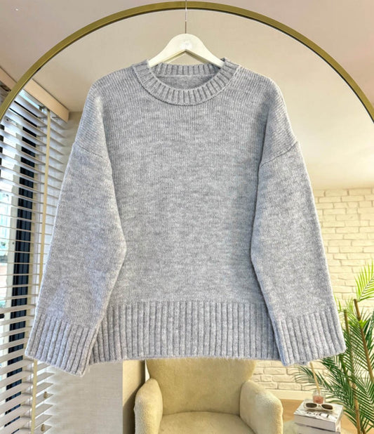 Oversize Bisiklet Yaka Kazak Gri