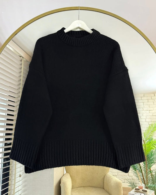 Oversize Bisiklet Yaka Kazak Siyah