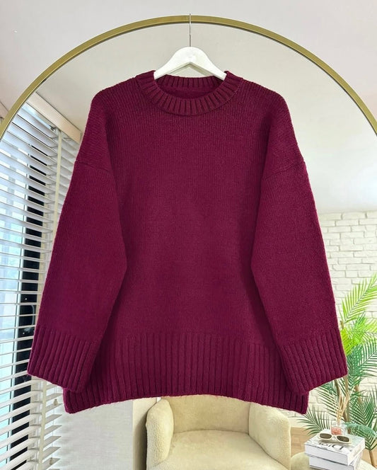 Oversize Bisiklet Yaka Kazak Bordo