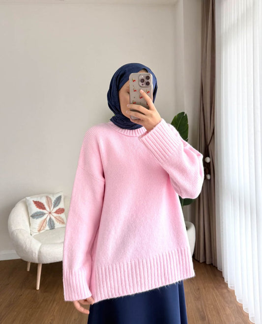 Oversize Bisiklet Yaka Kazak Pembe