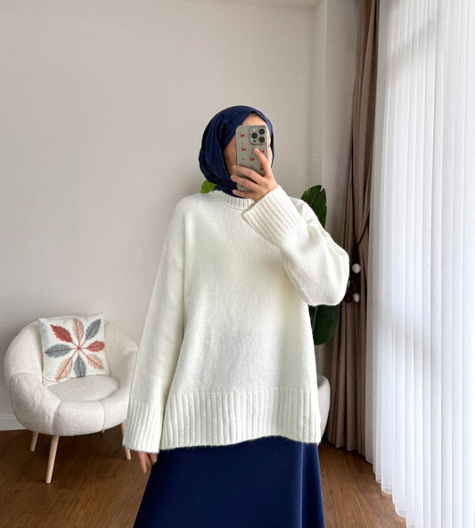 Oversize Bisiklet Yaka Kazak Krem