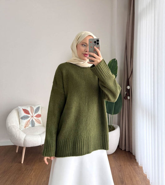 Oversize Bisiklet Yaka Kazak Yeşil