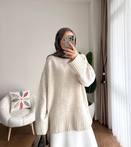 Oversize Bisiklet Yaka Kazak Bej