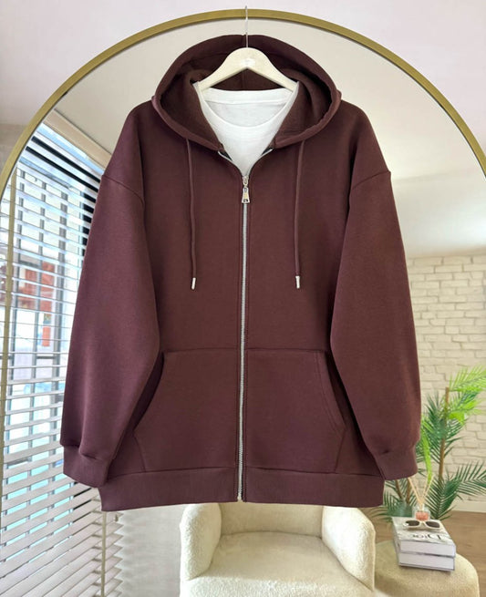 Oversize Fermuarlı Hırka Kahverengi