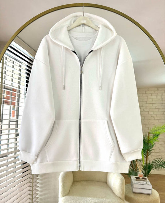 Oversize Fermuarlı Hırka Beyaz