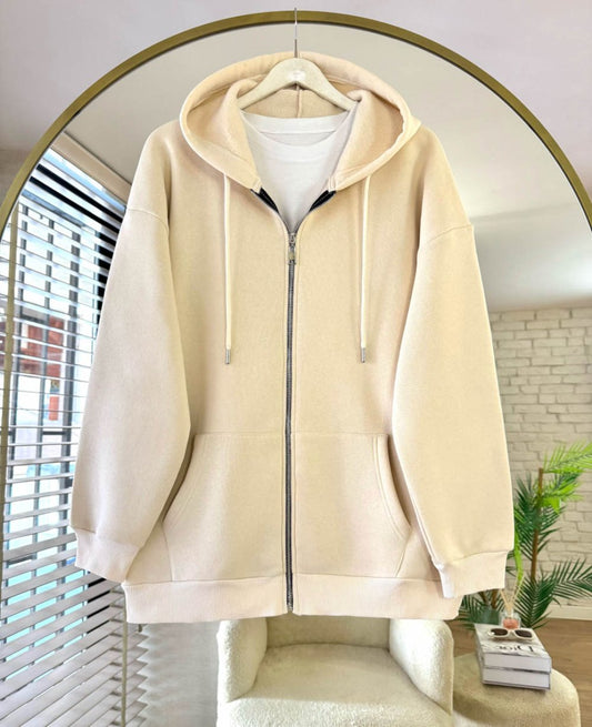 Oversize Fermuarlı Hırka Krem