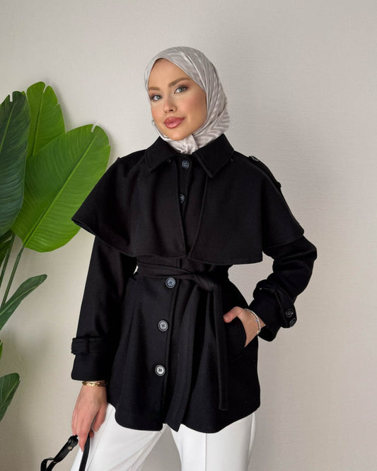 Pelerin Kaşe Kaban  Siyah