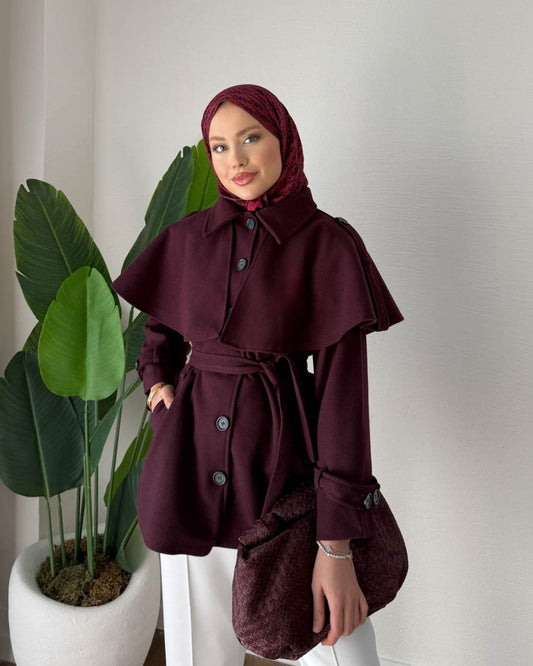 Pelerin Kaşe Kaban  Bordo