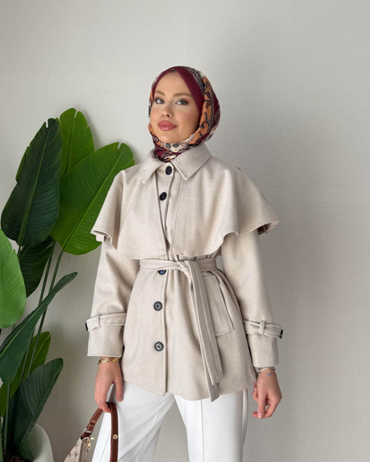 Pelerin Kaşe Kaban  Bej