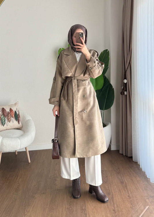 Rüzagarlıklı Süet Kaban Bej