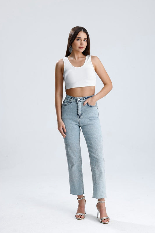 Serpme Taşlı Kesik Paça Jean Kar Yıkama