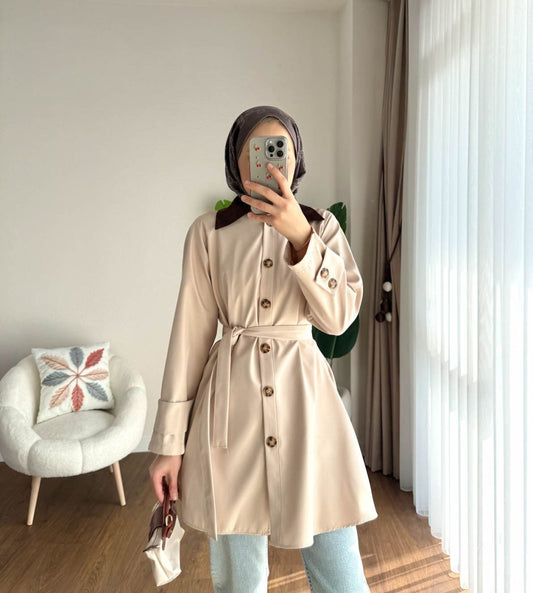 Süwet Yaka Bondit Trenç Bej