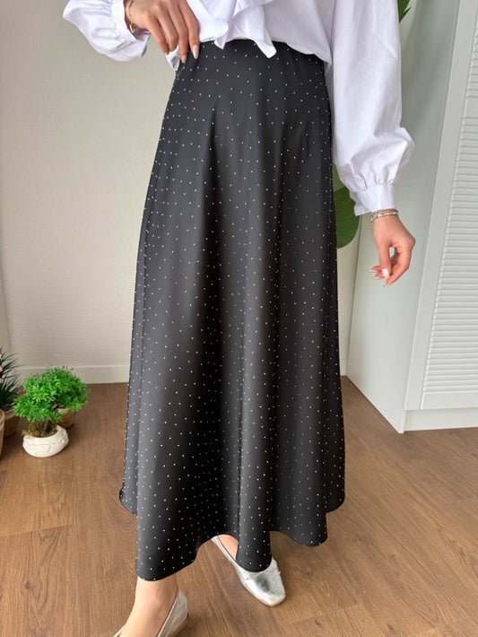 Taşlı Saten Etek  Siyah