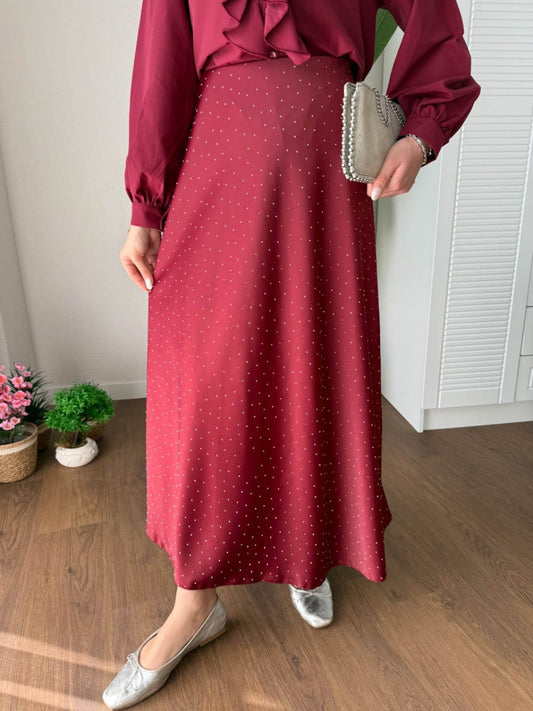 Taşlı Saten Etek  Bordo